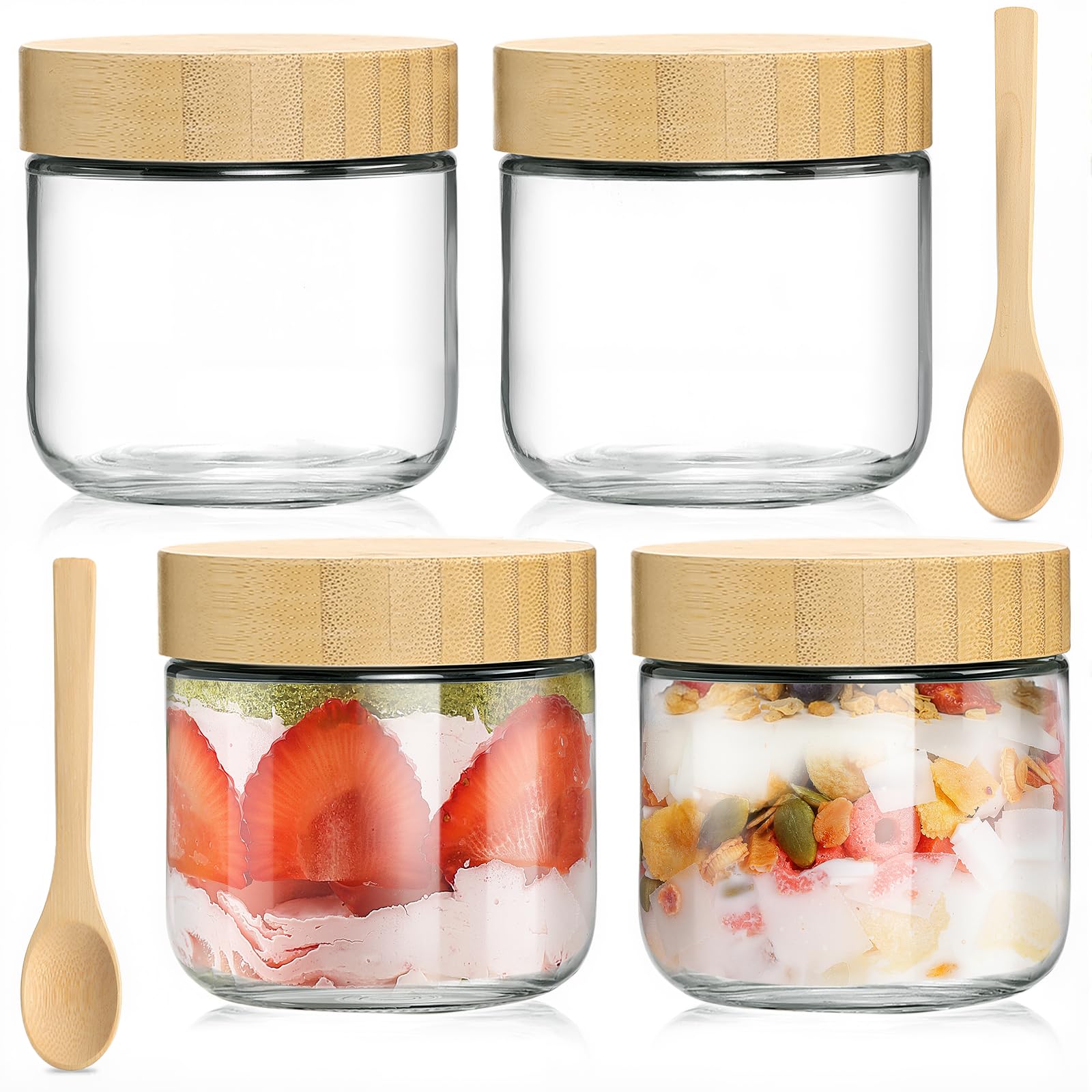 TBWIND 10oz Glass Jars with Bamboo Lids, Spoons, Airtight Overnight Oats Containers, Salad & Yogurt Storage, Mason Jars for Snacks, Spices, Meal Prep – Reusable, 4-Pack